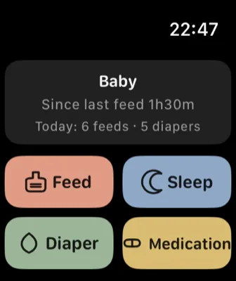 Apple Watch 首页：顶部是宝宝名字，下面写着距上次喂奶 1 小时 30 分、今日喂奶 6 次、尿布 5 次；再往下是喂奶、睡眠、尿布、用药四个大按钮