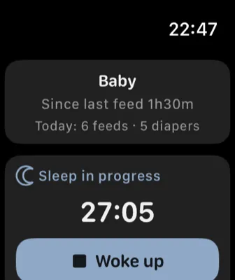 Apple Watch 睡眠计时中：睡眠计时中 27 分 05 秒，下面一个「睡醒了」按钮